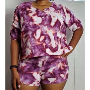 Watercolor Cotton Waffle Knit Shorts Set: Boho Beach Outfit